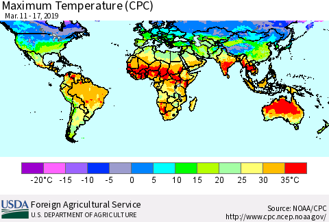 World Mean Maximum Temperature (CPC) Thematic Map For 3/11/2019 - 3/17/2019