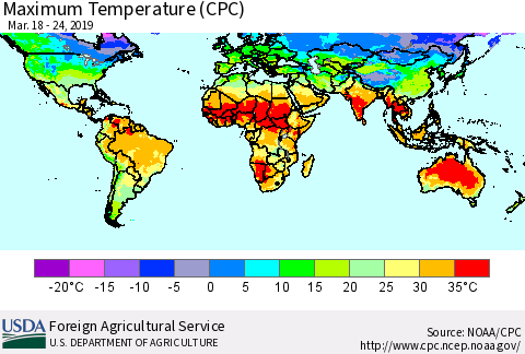 World Mean Maximum Temperature (CPC) Thematic Map For 3/18/2019 - 3/24/2019