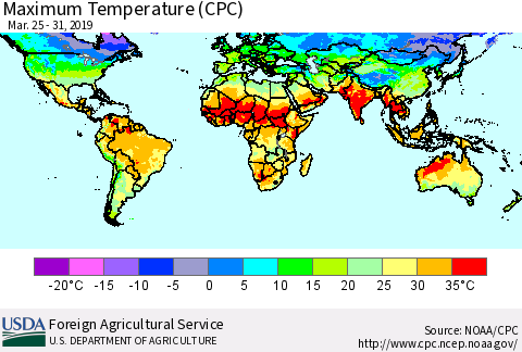 World Mean Maximum Temperature (CPC) Thematic Map For 3/25/2019 - 3/31/2019