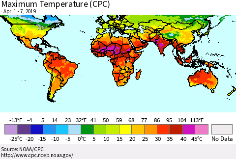 World Mean Maximum Temperature (CPC) Thematic Map For 4/1/2019 - 4/7/2019
