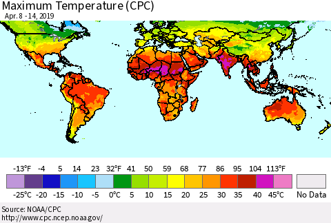 World Mean Maximum Temperature (CPC) Thematic Map For 4/8/2019 - 4/14/2019