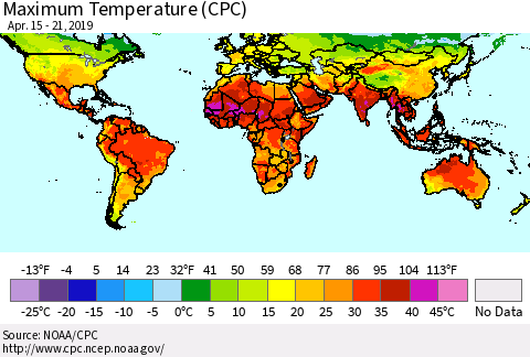 World Mean Maximum Temperature (CPC) Thematic Map For 4/15/2019 - 4/21/2019