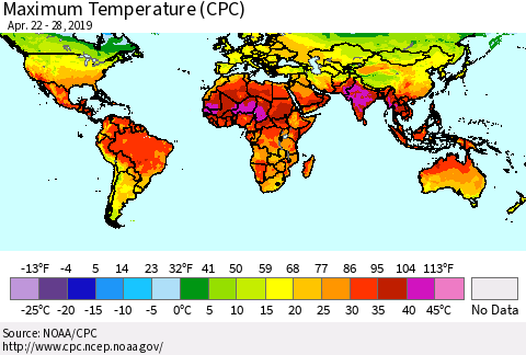 World Mean Maximum Temperature (CPC) Thematic Map For 4/22/2019 - 4/28/2019