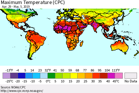 World Mean Maximum Temperature (CPC) Thematic Map For 4/29/2019 - 5/5/2019