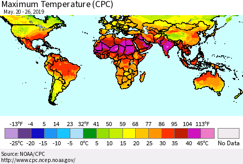 World Mean Maximum Temperature (CPC) Thematic Map For 5/20/2019 - 5/26/2019