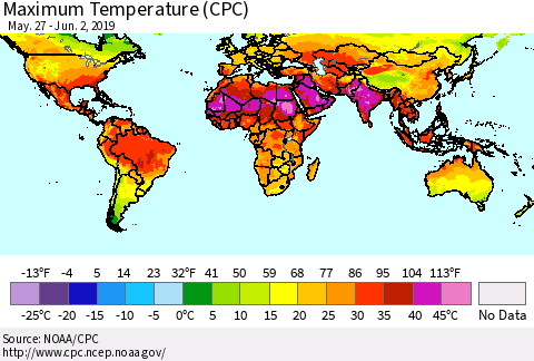 World Mean Maximum Temperature (CPC) Thematic Map For 5/27/2019 - 6/2/2019