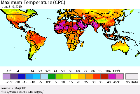 World Mean Maximum Temperature (CPC) Thematic Map For 6/3/2019 - 6/9/2019