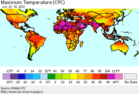 World Mean Maximum Temperature (CPC) Thematic Map For 6/10/2019 - 6/16/2019