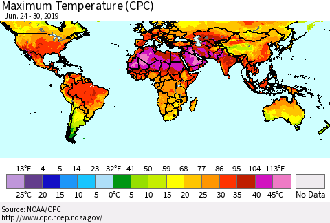 World Mean Maximum Temperature (CPC) Thematic Map For 6/24/2019 - 6/30/2019