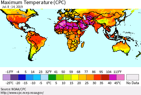 World Mean Maximum Temperature (CPC) Thematic Map For 7/8/2019 - 7/14/2019