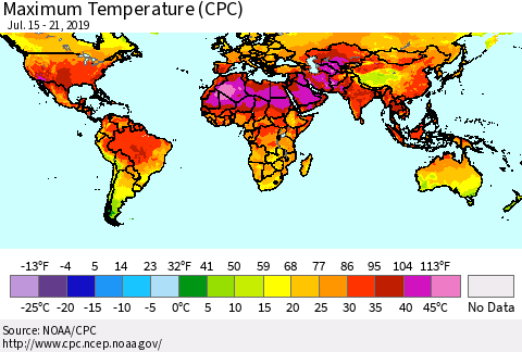 World Mean Maximum Temperature (CPC) Thematic Map For 7/15/2019 - 7/21/2019