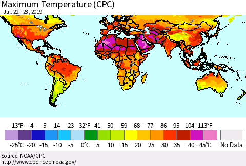 World Mean Maximum Temperature (CPC) Thematic Map For 7/22/2019 - 7/28/2019