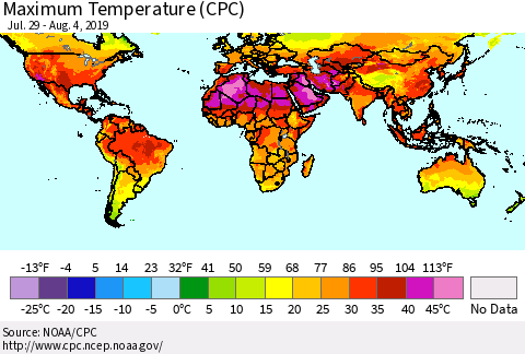 World Mean Maximum Temperature (CPC) Thematic Map For 7/29/2019 - 8/4/2019