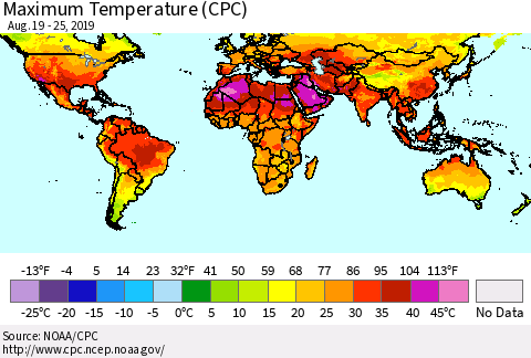 World Mean Maximum Temperature (CPC) Thematic Map For 8/19/2019 - 8/25/2019