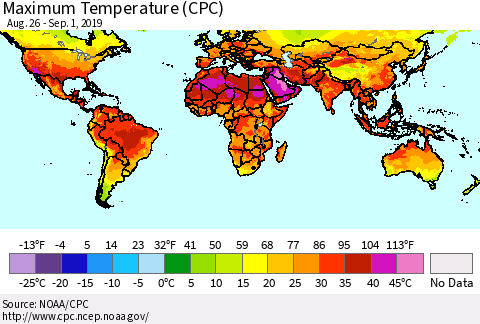 World Mean Maximum Temperature (CPC) Thematic Map For 8/26/2019 - 9/1/2019