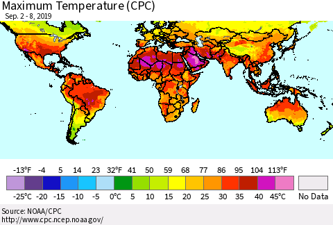 World Mean Maximum Temperature (CPC) Thematic Map For 9/2/2019 - 9/8/2019