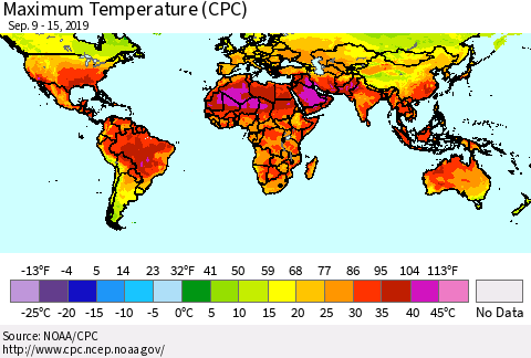 World Mean Maximum Temperature (CPC) Thematic Map For 9/9/2019 - 9/15/2019
