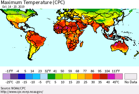 World Mean Maximum Temperature (CPC) Thematic Map For 10/14/2019 - 10/20/2019