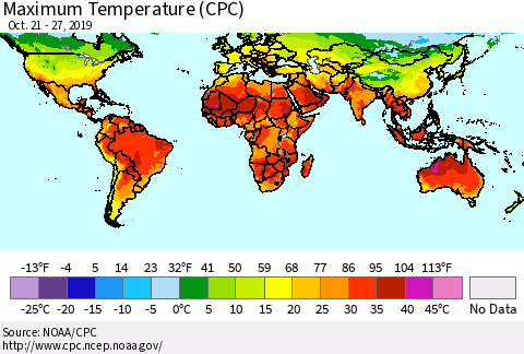 World Mean Maximum Temperature (CPC) Thematic Map For 10/21/2019 - 10/27/2019