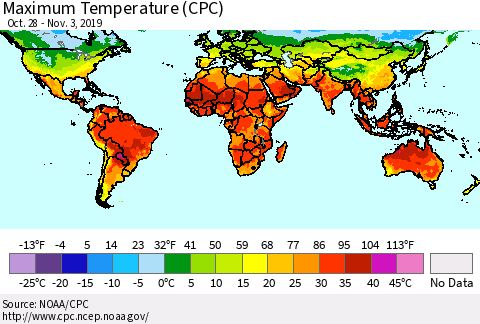 World Mean Maximum Temperature (CPC) Thematic Map For 10/28/2019 - 11/3/2019