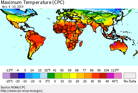 World Mean Maximum Temperature (CPC) Thematic Map For 11/4/2019 - 11/10/2019