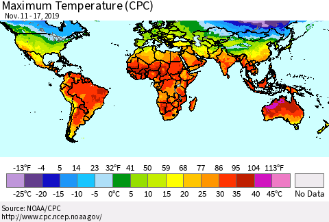 World Mean Maximum Temperature (CPC) Thematic Map For 11/11/2019 - 11/17/2019