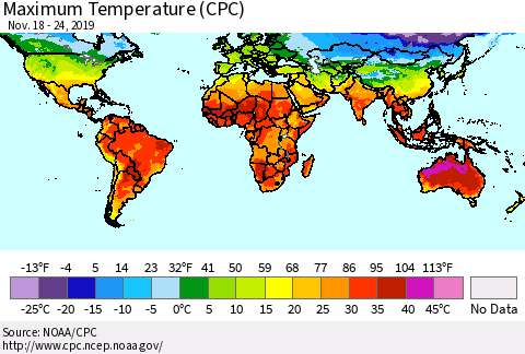 World Mean Maximum Temperature (CPC) Thematic Map For 11/18/2019 - 11/24/2019