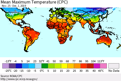 World Mean Maximum Temperature (CPC) Thematic Map For 11/25/2019 - 12/1/2019