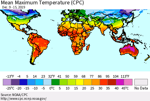 World Mean Maximum Temperature (CPC) Thematic Map For 12/9/2019 - 12/15/2019