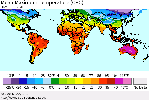 World Mean Maximum Temperature (CPC) Thematic Map For 12/16/2019 - 12/22/2019