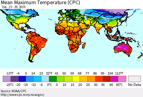 World Mean Maximum Temperature (CPC) Thematic Map For 12/23/2019 - 12/29/2019