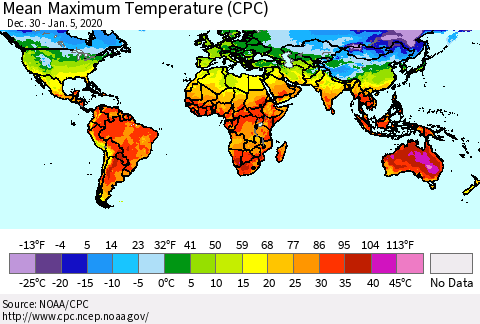 World Mean Maximum Temperature (CPC) Thematic Map For 12/30/2019 - 1/5/2020