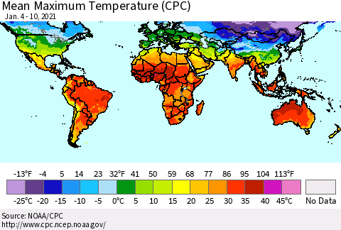 World Mean Maximum Temperature (CPC) Thematic Map For 1/4/2021 - 1/10/2021