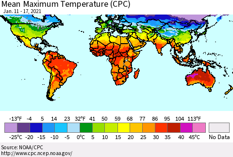 World Mean Maximum Temperature (CPC) Thematic Map For 1/11/2021 - 1/17/2021