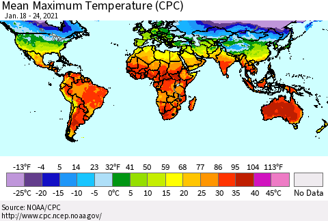 World Mean Maximum Temperature (CPC) Thematic Map For 1/18/2021 - 1/24/2021