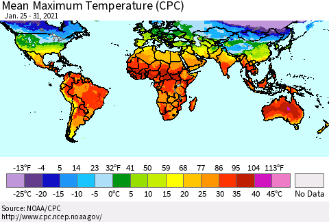 World Mean Maximum Temperature (CPC) Thematic Map For 1/25/2021 - 1/31/2021