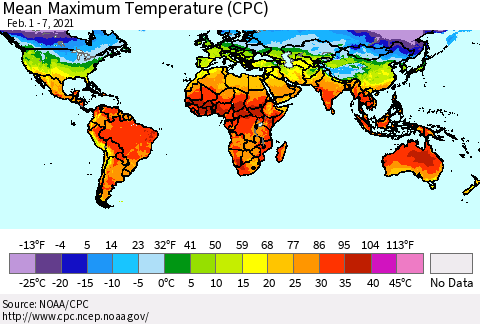 World Mean Maximum Temperature (CPC) Thematic Map For 2/1/2021 - 2/7/2021