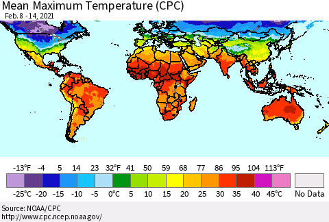 World Mean Maximum Temperature (CPC) Thematic Map For 2/8/2021 - 2/14/2021