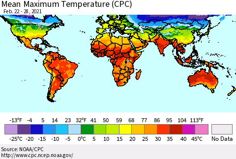 World Mean Maximum Temperature (CPC) Thematic Map For 2/22/2021 - 2/28/2021