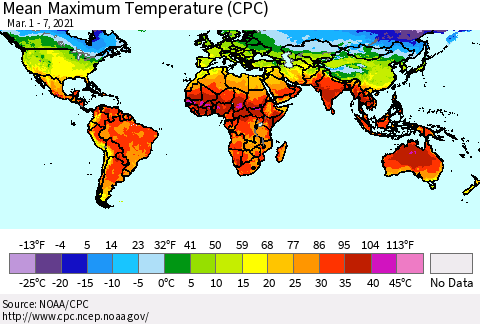 World Mean Maximum Temperature (CPC) Thematic Map For 3/1/2021 - 3/7/2021