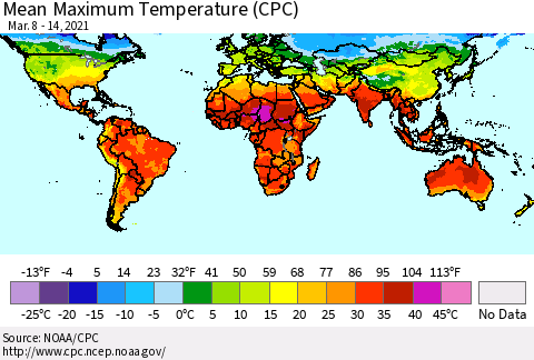 World Mean Maximum Temperature (CPC) Thematic Map For 3/8/2021 - 3/14/2021