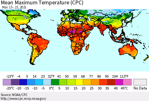 World Mean Maximum Temperature (CPC) Thematic Map For 3/15/2021 - 3/21/2021