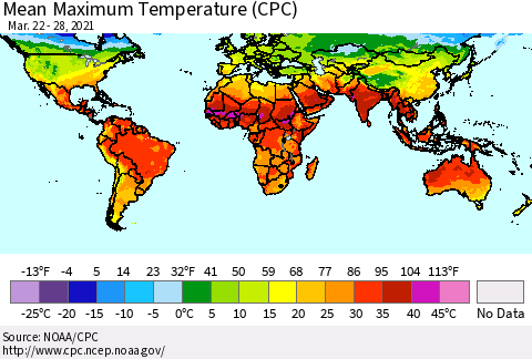 World Mean Maximum Temperature (CPC) Thematic Map For 3/22/2021 - 3/28/2021