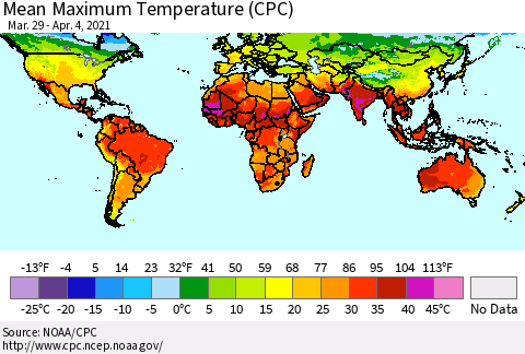 World Mean Maximum Temperature (CPC) Thematic Map For 3/29/2021 - 4/4/2021
