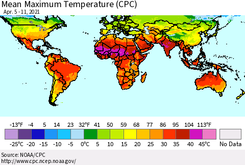 World Mean Maximum Temperature (CPC) Thematic Map For 4/5/2021 - 4/11/2021