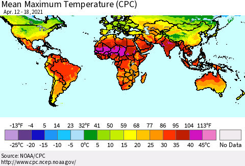 World Mean Maximum Temperature (CPC) Thematic Map For 4/12/2021 - 4/18/2021