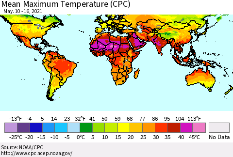 World Mean Maximum Temperature (CPC) Thematic Map For 5/10/2021 - 5/16/2021