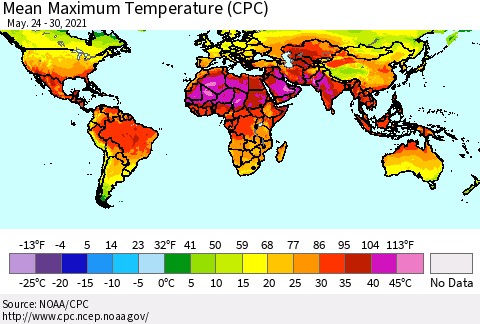 World Mean Maximum Temperature (CPC) Thematic Map For 5/24/2021 - 5/30/2021