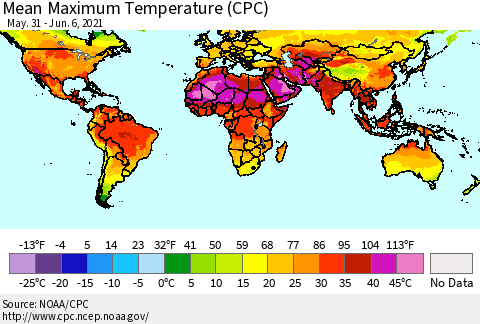 World Mean Maximum Temperature (CPC) Thematic Map For 5/31/2021 - 6/6/2021