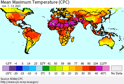 World Mean Maximum Temperature (CPC) Thematic Map For 6/7/2021 - 6/13/2021